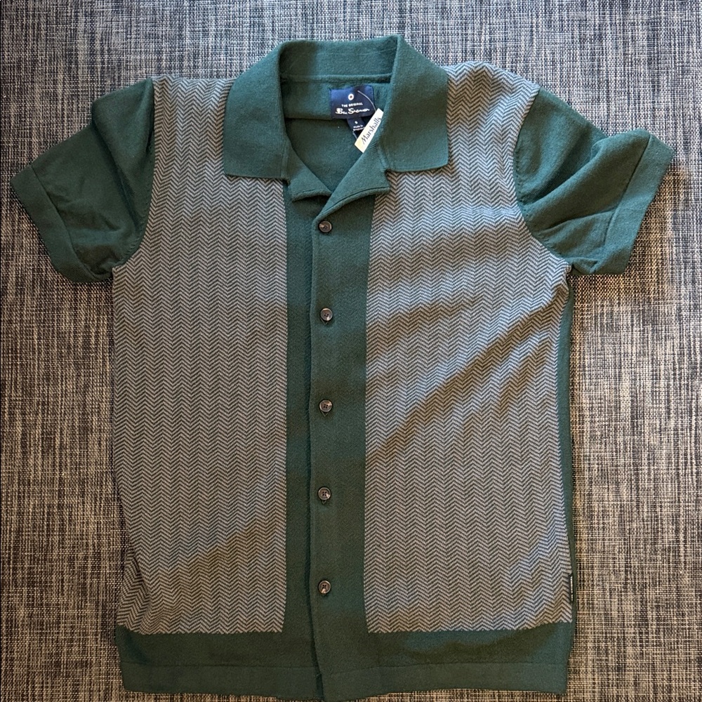 Ben Sherman Small Short Sleeved Spruce & Gray Shirt NWT Rugby Herringbone Design